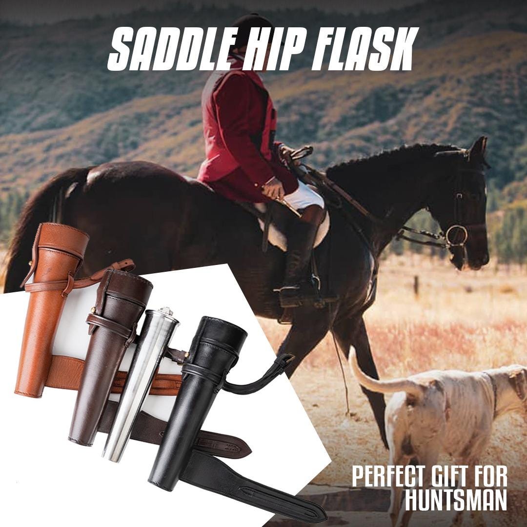 Stainless Steel Hip Flask with Genuine Leather Case, Equestrian Gift