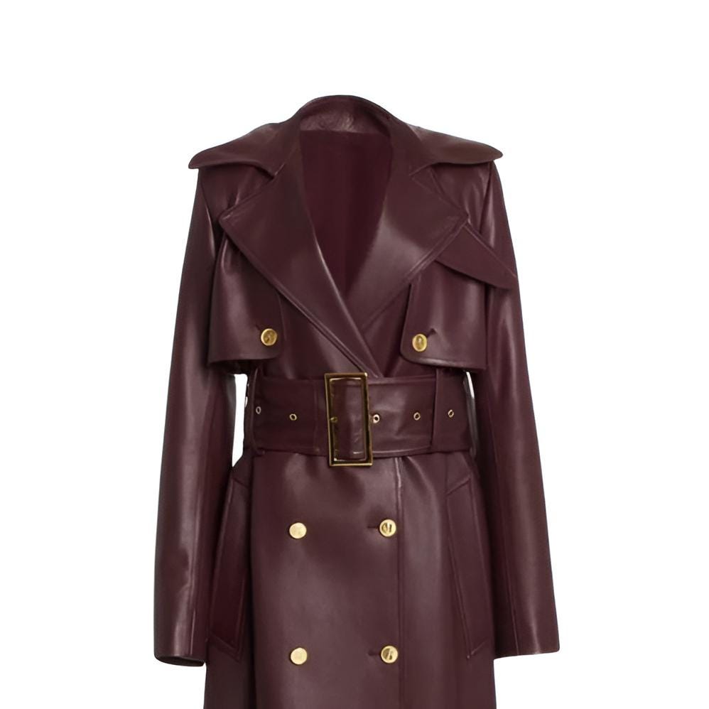 Burgundy Leather Trench Coat: Women's Double-Breasted Genuine Leather Outerwear