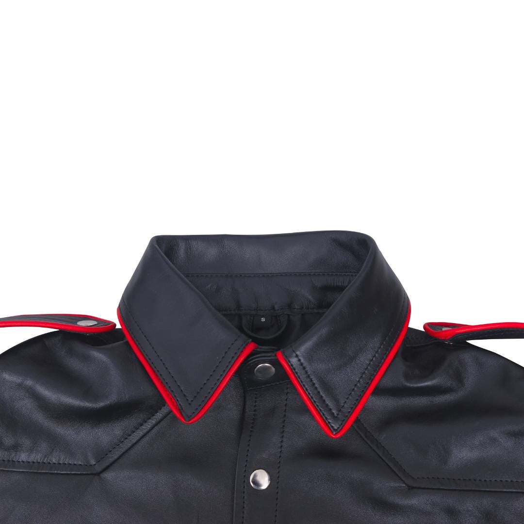 Men's Cowhide Leather Police Shirt, Short Sleeve, Red Trim