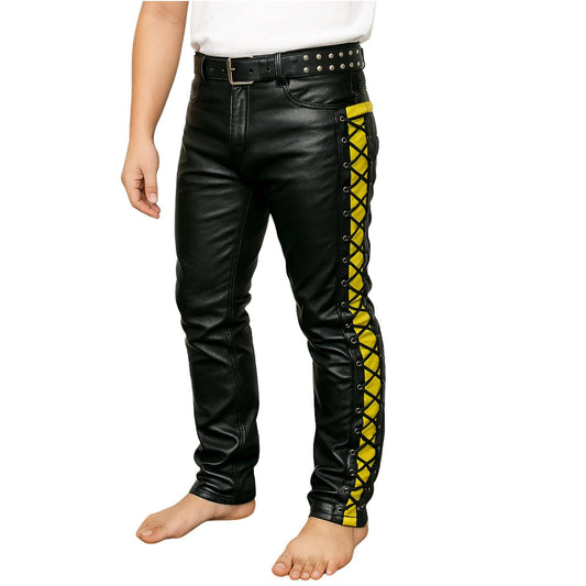Handmade Cowhide Leather Side Lace-up Biker Pants - Slim Fit Gothic Trousers