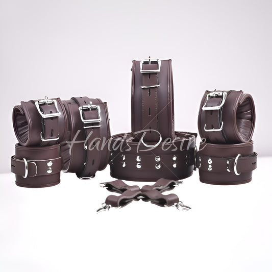 Adjustable Leather Restraint Cuffs Set - Waist, Thigh, Wrist & Ankle with Connector - BDSM Gear