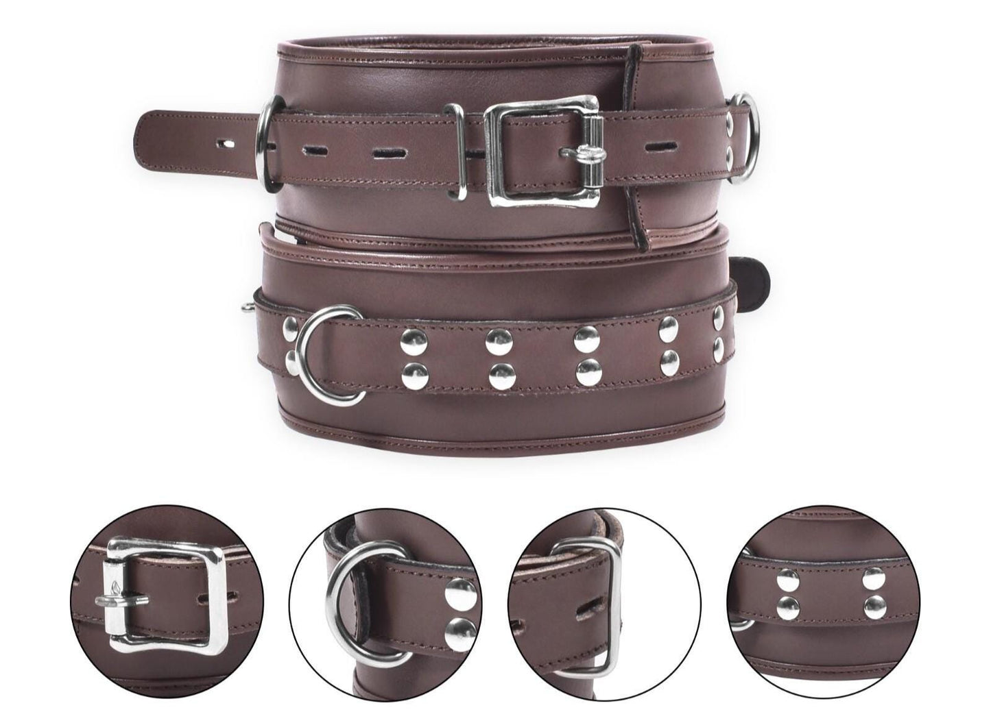 Adjustable Leather Restraint Cuffs Set - Waist, Thigh, Wrist & Ankle with Connector - BDSM Gear