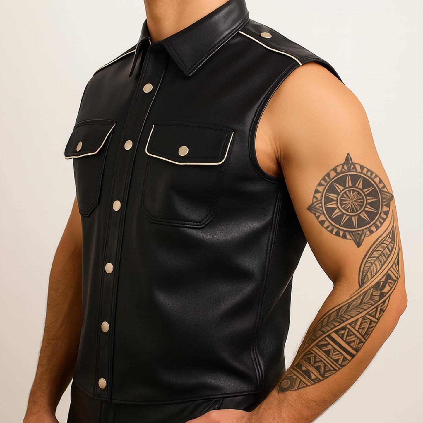 Men Leather Bartender Vest Cowhide Waistcoat Open Front Vintage, Handmade – Gay Bar Vest, Durability