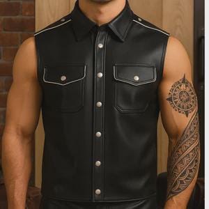 Men Leather Bartender Vest Cowhide Waistcoat Open Front Vintage, Handmade – Gay Bar Vest, Durability