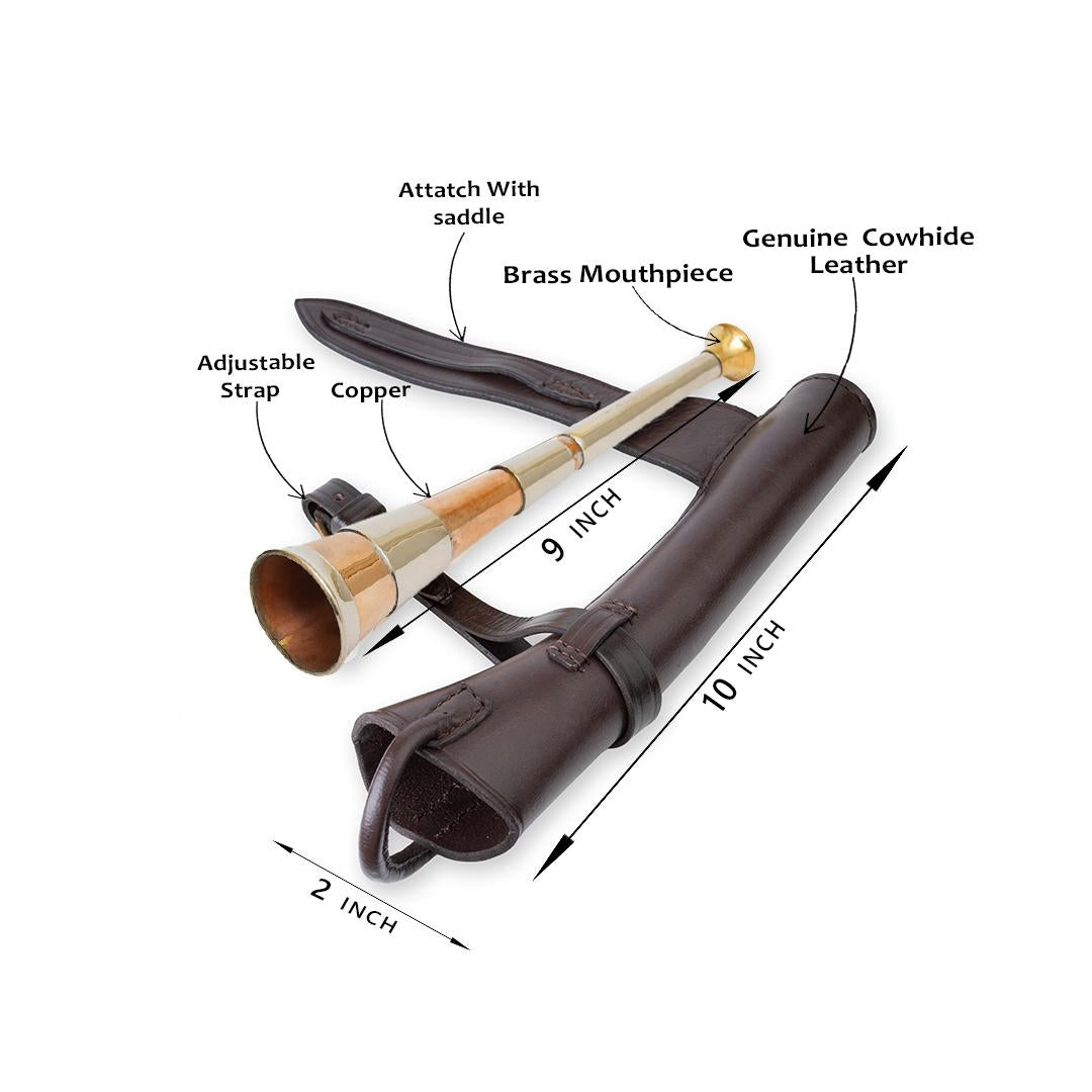 Copper Hunting Horn with Brass Mouthpiece & Leather Case - Equestrian Decor