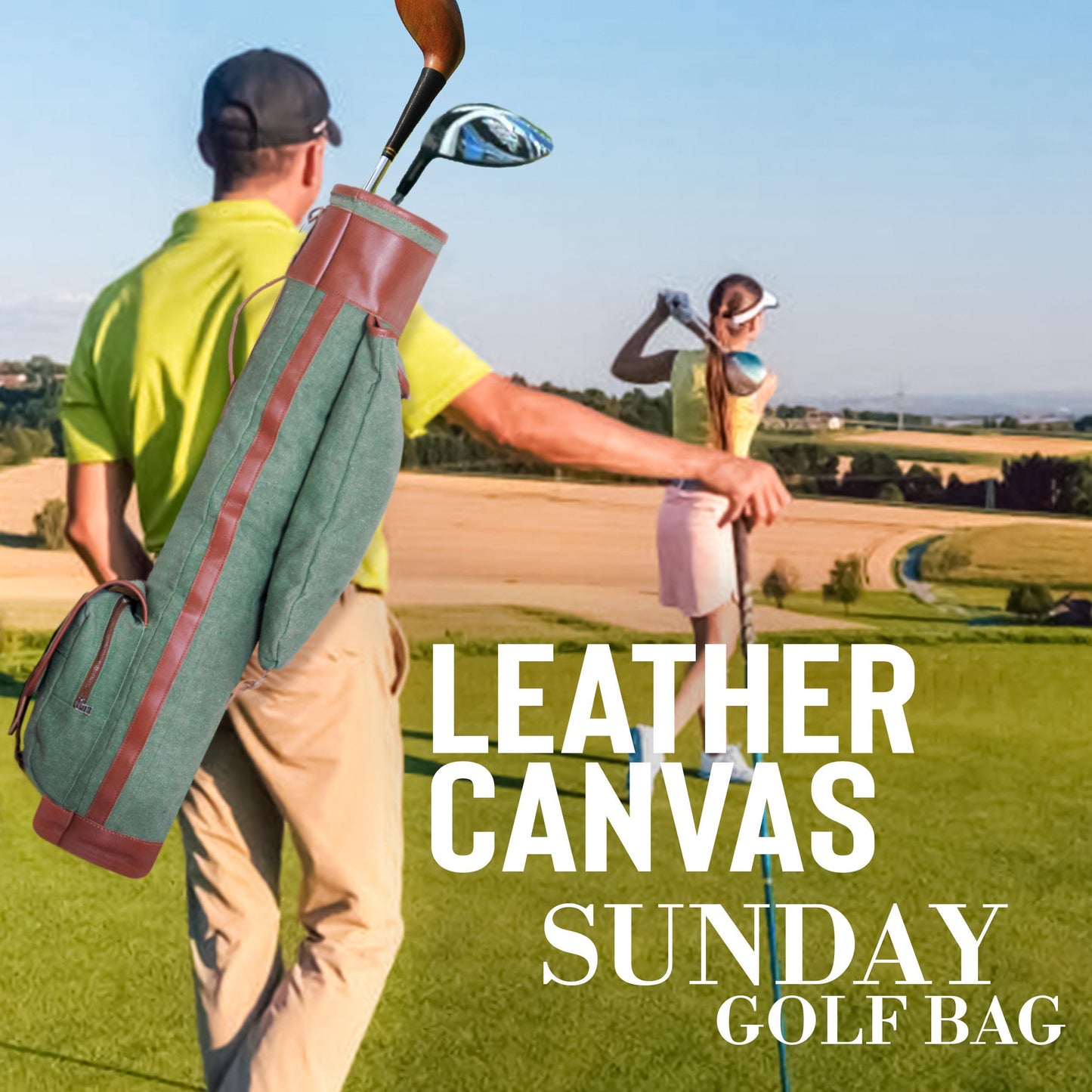 Canvas & Leather Sunday Golf Bag: Green Golf Club Carrier