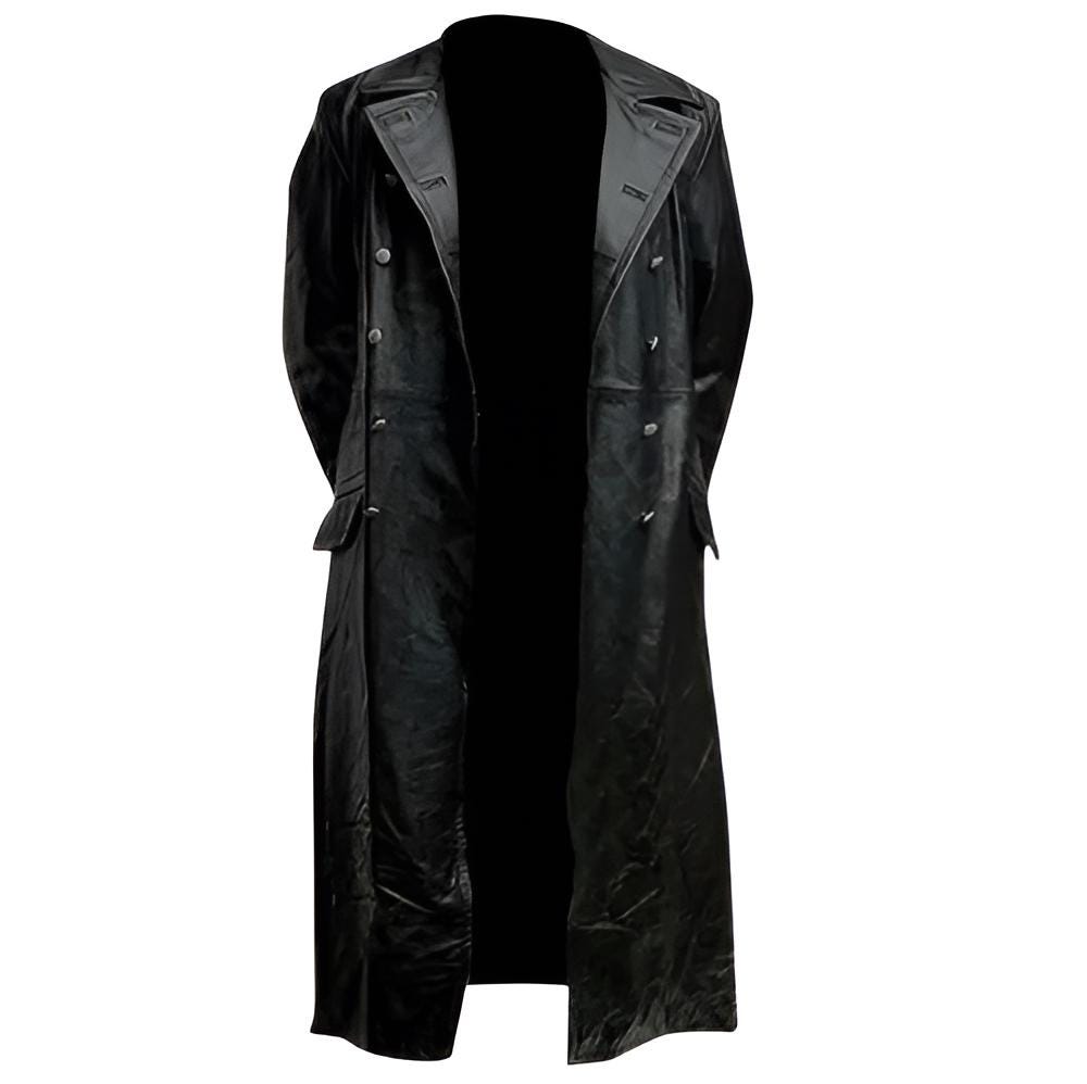 Handcrafted Genuine Leather Trench Coat for Men – German Military Officer Style, Long Black Overcoat