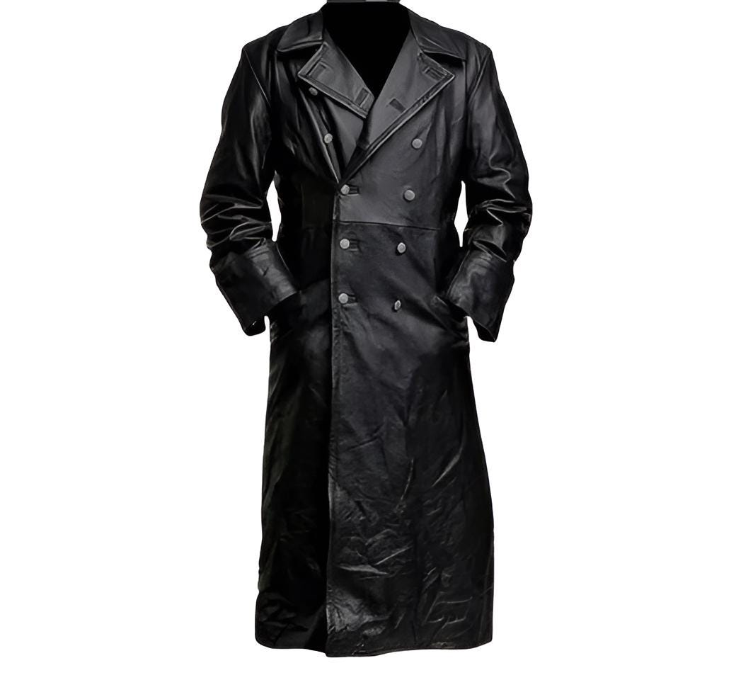 Handcrafted Genuine Leather Trench Coat for Men – German Military Officer Style, Long Black Overcoat