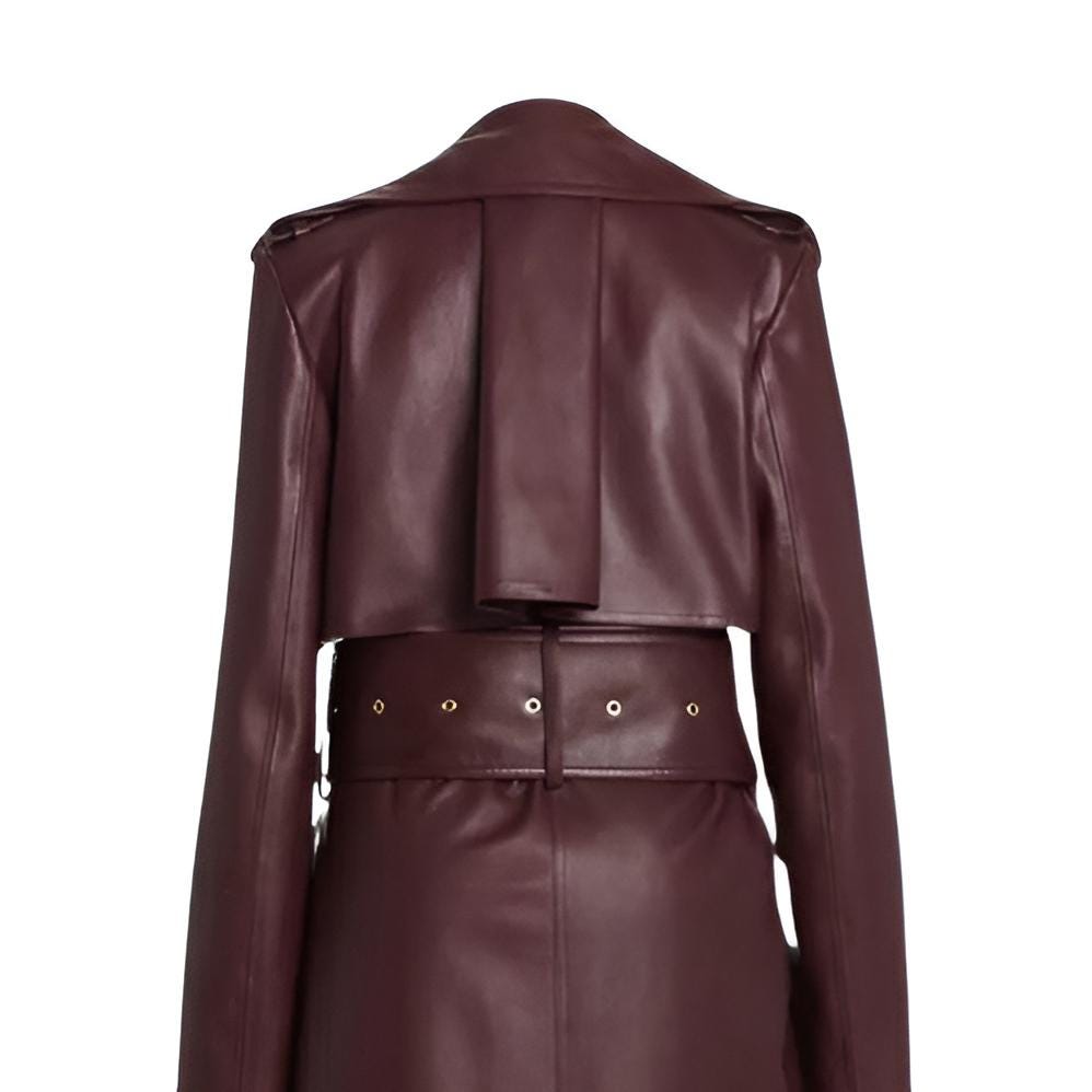 Burgundy Leather Trench Coat: Women's Double-Breasted Genuine Leather Outerwear