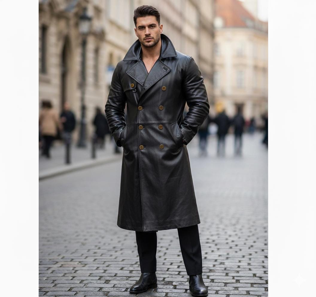 Handcrafted Genuine Leather Trench Coat for Men – German Military Officer Style, Long Black Overcoat