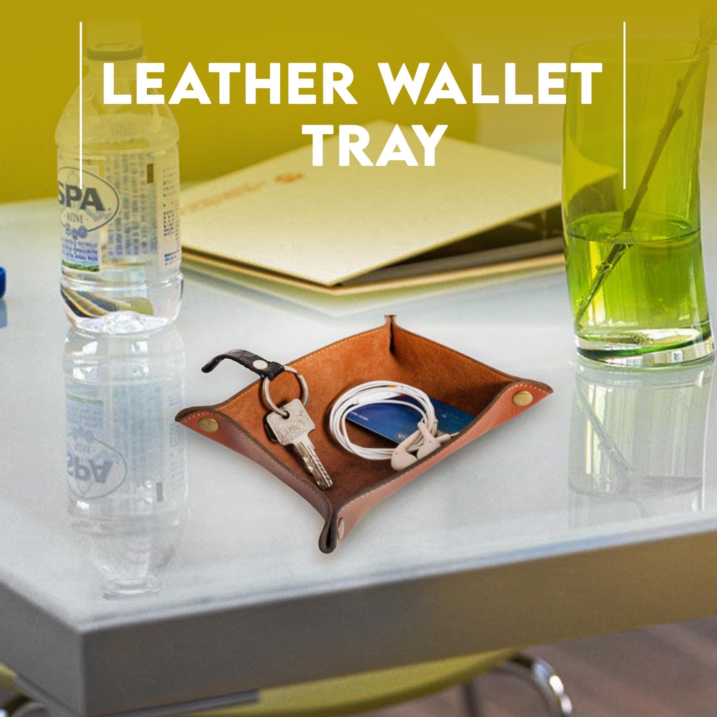 Handmade Leather Valet Tray – Tan Cowhide Desk Organizer