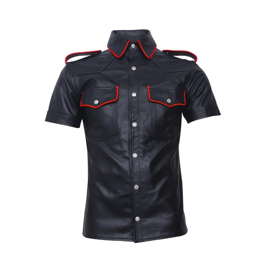 Men's Cowhide Leather Police Shirt, Short Sleeve, Red Trim