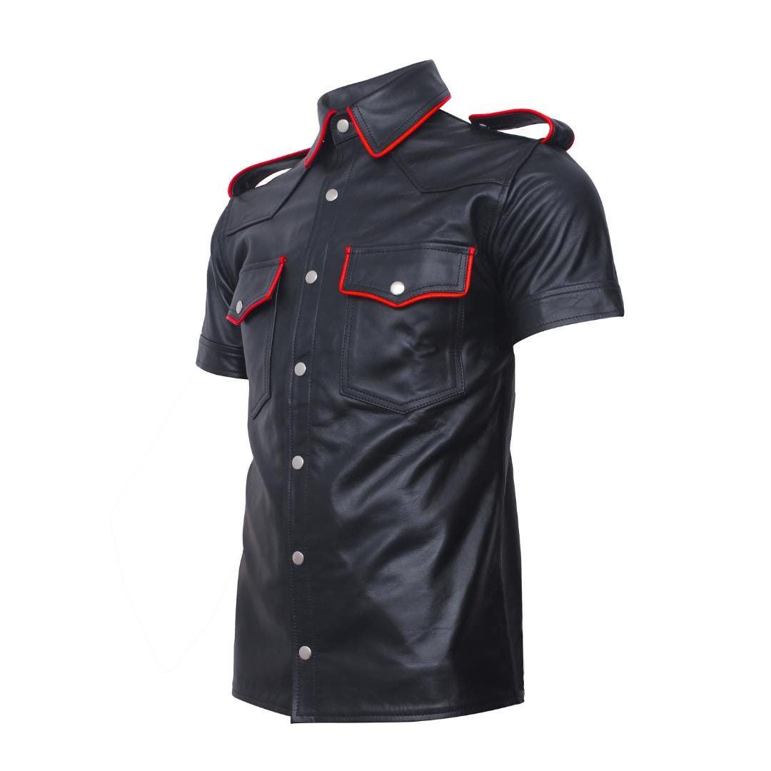 Men's Cowhide Leather Police Shirt, Short Sleeve, Red Trim