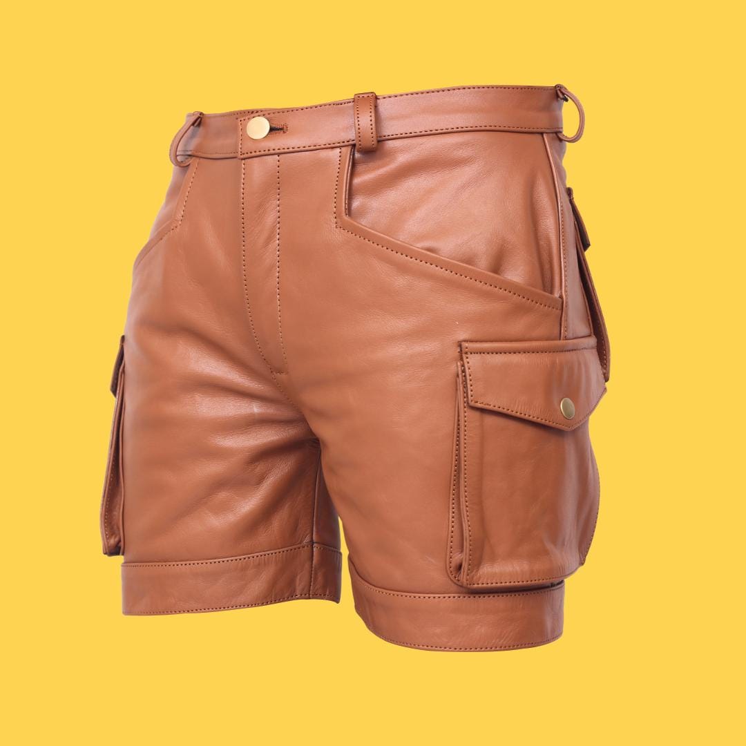 Men's Cowhide Leather Cargo Shorts, Biker Casual Style
