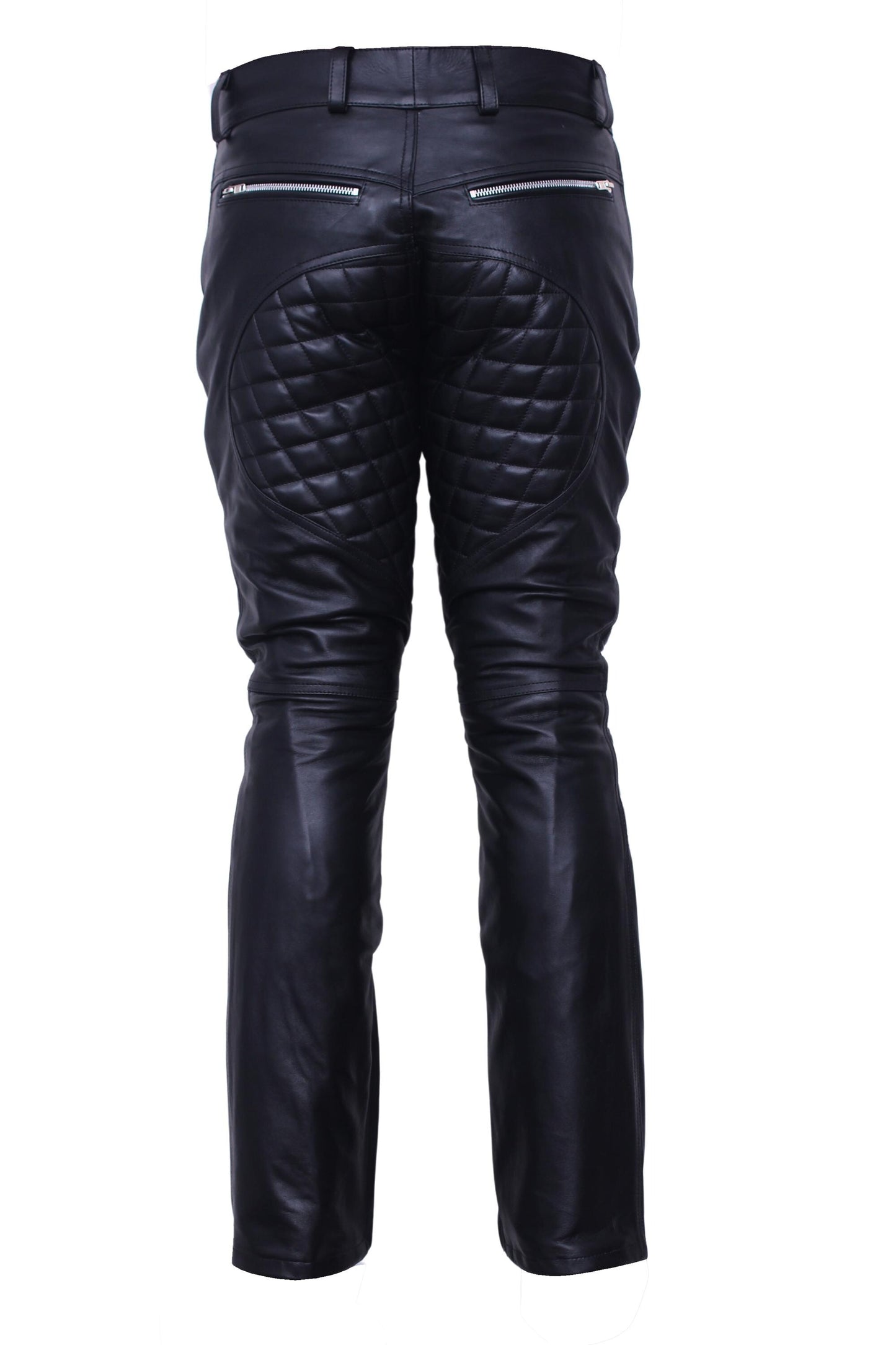 Men's Quilted Black Leather Biker Pants with Pockets