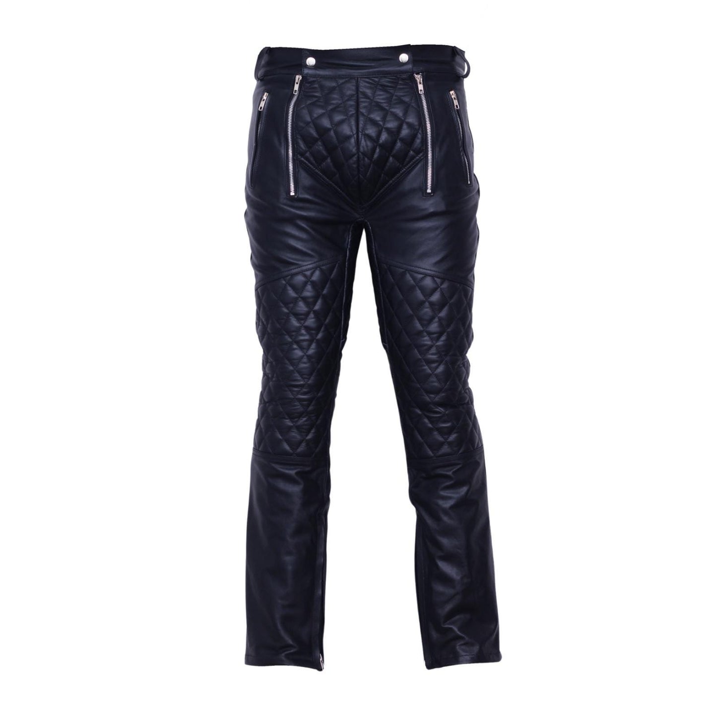 Men's Quilted Black Leather Biker Pants with Pockets
