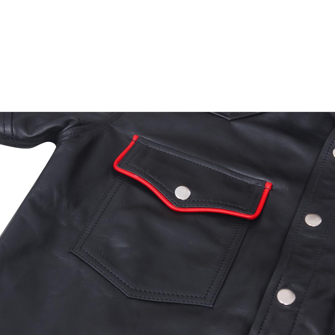 Men's Cowhide Leather Police Shirt, Short Sleeve, Red Trim