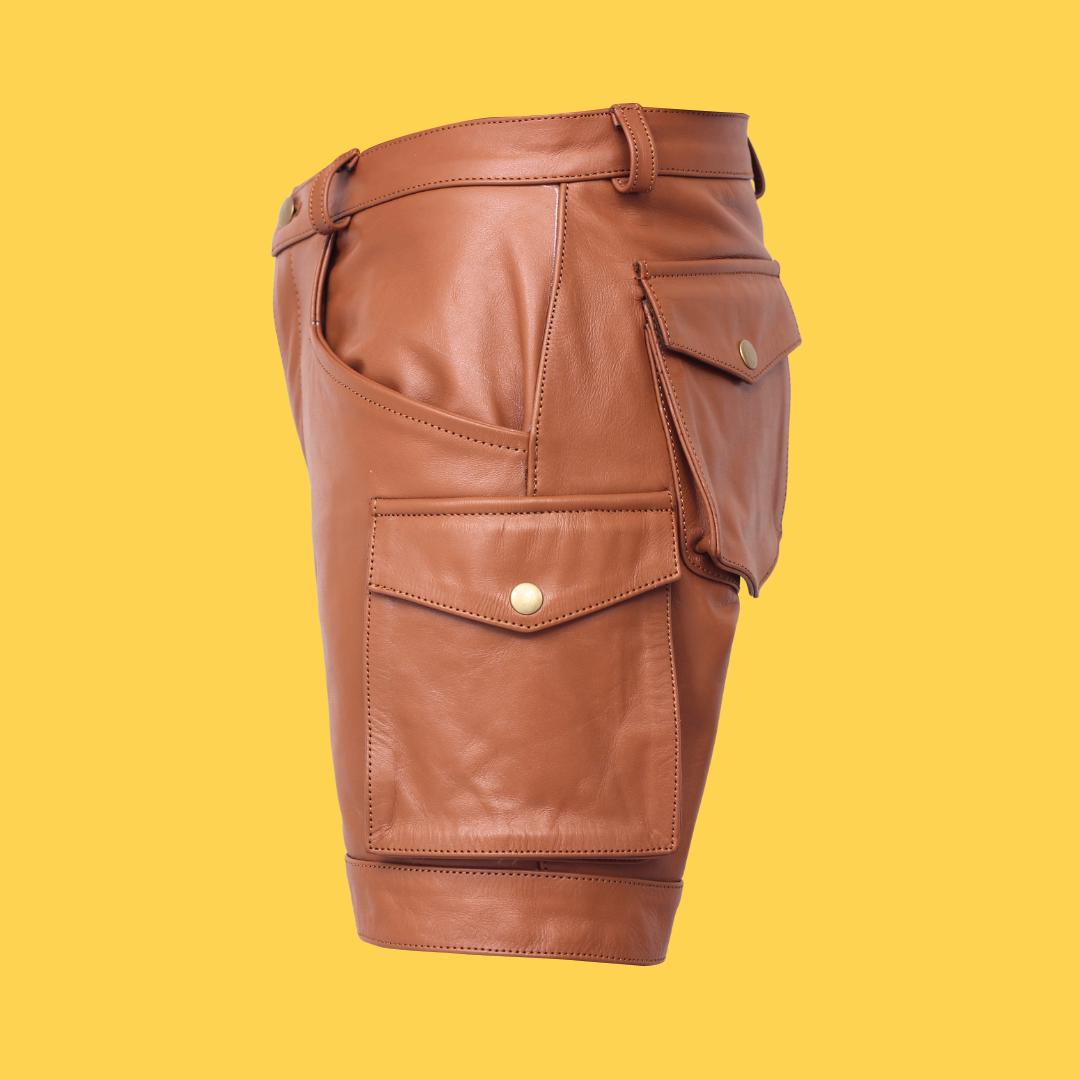 Men's Cowhide Leather Cargo Shorts, Biker Casual Style