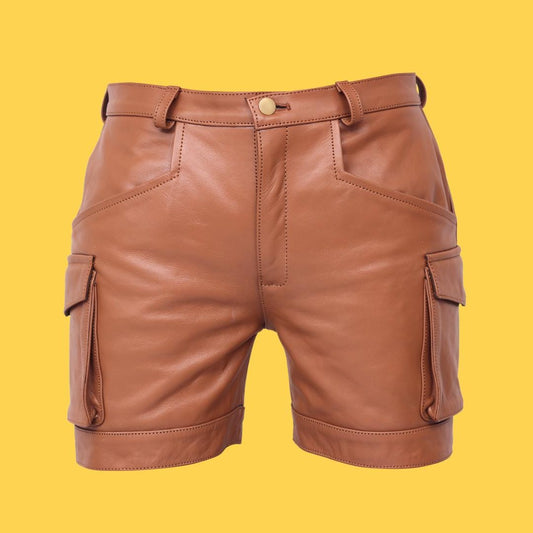 Men's Cowhide Leather Cargo Shorts, Biker Casual Style