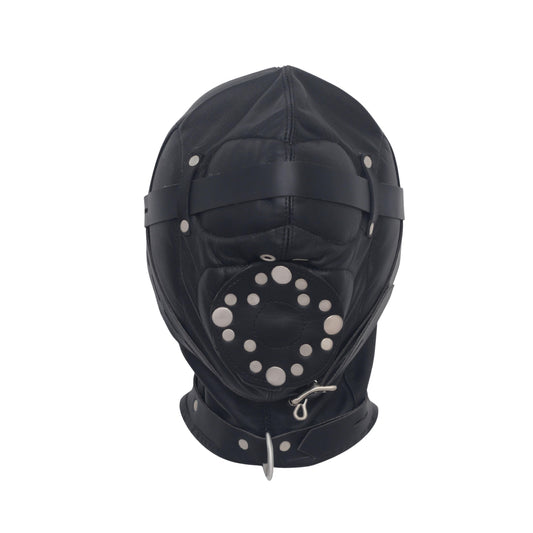 Leather Headgear Hood Harness Sensory Deprivation Gimp Mask with Open Mouth Cosplay Mature